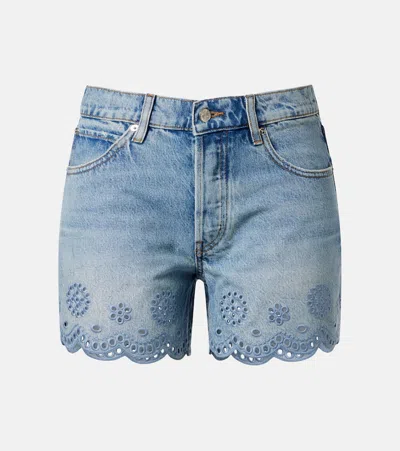 Frame Long Hang Broderie Anglaise Denim Shorts In Blue