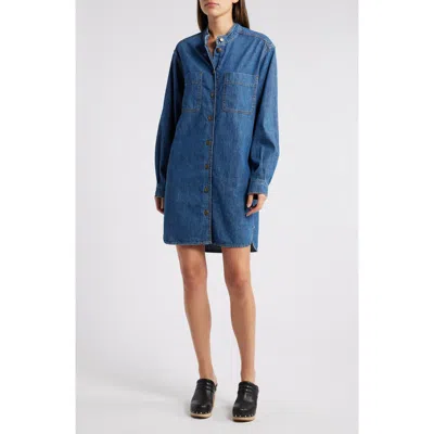 Frame Long Sleeve Denim Mini Shirtdress In Blue