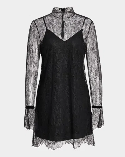Frame Long-sleeve Lace Mini Dress In Black