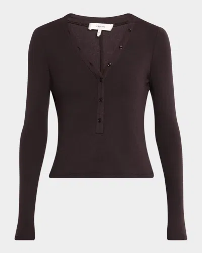 Frame Long-sleeve Ribbed Henley Top In Chocolate Brown