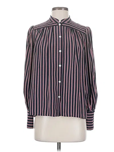 Pre-owned Frame Long Sleeve Silk Top Blue Stripes Pattern High Neck Tops