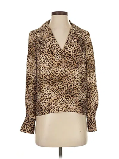 Pre-owned Frame Long Sleeve Silk Top Brown Animal Print Pattern Cowl Neck Tops