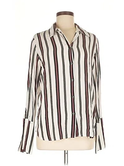 Pre-owned Frame Long Sleeve Silk Top Ivory Stripes Pattern Tie Neck Tops In White