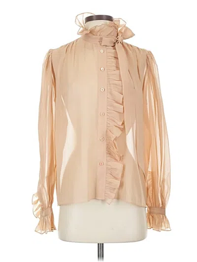 Pre-owned Frame Long Sleeve Silk Top Tan Ruffles Neckline Tops