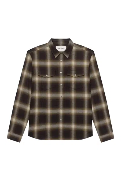 Frame Brushed Cotton Plaid Shirt In Green