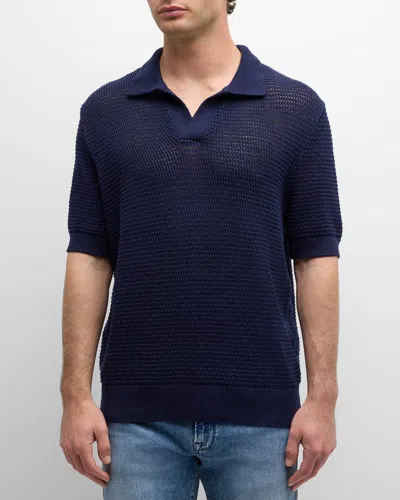 Frame Mesh Short Sleeve Open Collar Polo Sweater In Navy