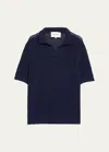 Frame Mesh Short Sleeve Open Collar Polo Sweater In Navy