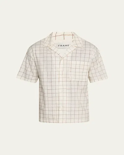 Frame Men's Grid-print Camp Shirt In Cream Multi