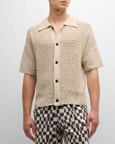 Frame Men's Open Weave Short-sleeve Cardigan In Ecru