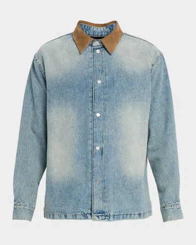 Frame Men's Suede-collar Denim Overshirt In Blue