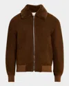 Frame Mens Dark Camel Shearling-trim Slip-pocket Regular-fit Suede Jacket In Dark Camel