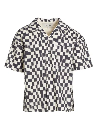 Frame Retro Print Oversized Button Down Camp Shirt In Navy