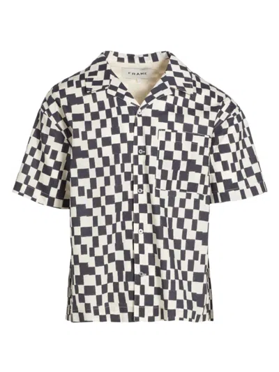 Frame Geometric Print Lyocell & Cotton Camp Shirt In Navy