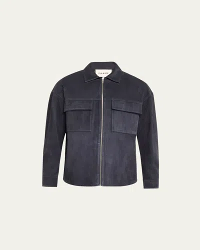 Frame Men's Zip-front Suede Shirt In Dark Navy