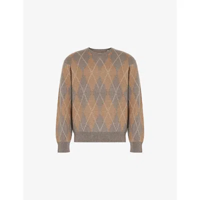FRAME MENS TAUPE MULTI ARGYLE-PATTERN CREWNECK KNITTED JUMPER