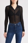 Frame Mesh Lace Long Sleeve Polo In Black