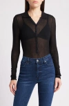 Frame Mesh Lace Long Sleeve Polo In Black