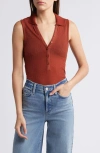 Frame Mesh Lace Sleeveless Polo Top In Deep Rust