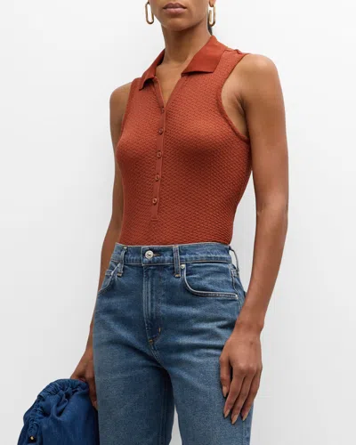Frame Mesh Lace Sleeveless Polo Top In Deep Rust