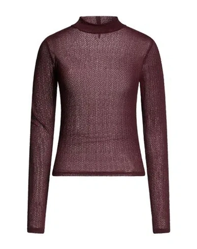 Frame Mesh Lace Turtleneck Woman T-shirt Chocolate Brown Size L Polyamide, Elastane