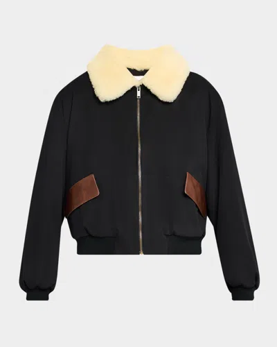Frame Mixed Leather Bomber Jacket In Black
