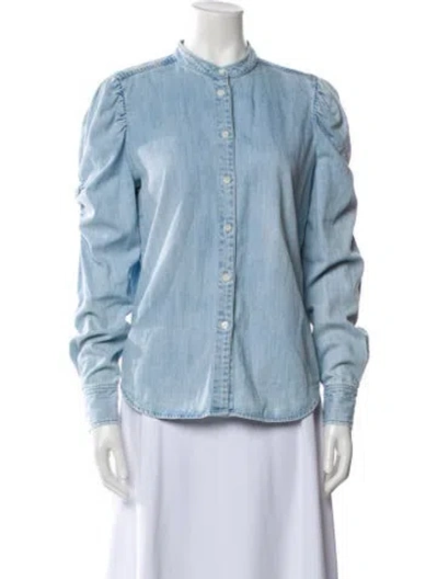 Pre-owned Frame Mock Neck Long Sleeve Button-up Top In Blue