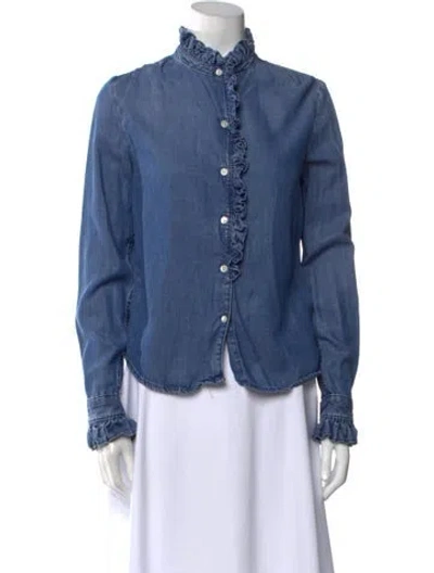 Pre-owned Frame Mock Neck Long Sleeve Button-up Top In Blue