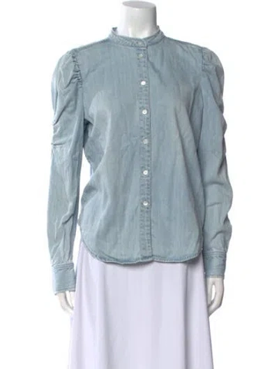 Pre-owned Frame Mock Neck Long Sleeve Button-up Top In Blue