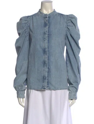 Pre-owned Frame Mock Neck Long Sleeve Button-up Top In Blue