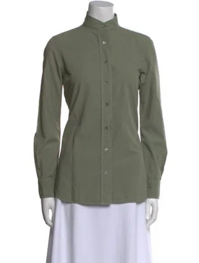 Pre-owned Frame Mock Neck Long Sleeve Button-up Top In Green