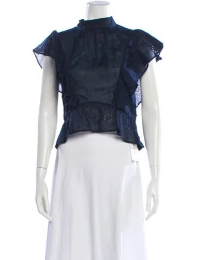 Pre-owned Frame Mock Neck Short Sleeve Blouse In Blue