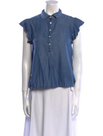 Pre-owned Frame Mock Neck Short Sleeve Blouse In Blue