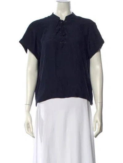 Pre-owned Frame Mock Neck Short Sleeve Blouse In Blue