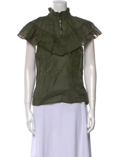 Pre-owned Frame Mock Neck Short Sleeve Blouse In Green