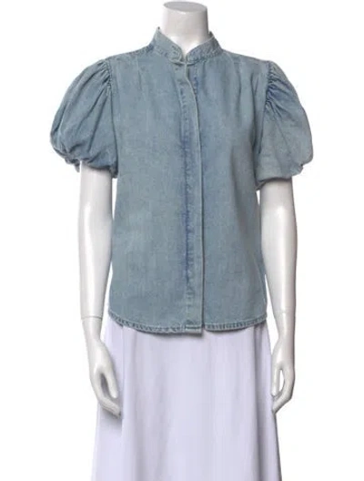 Pre-owned Frame Mock Neck Short Sleeve Button-up Top In Blue