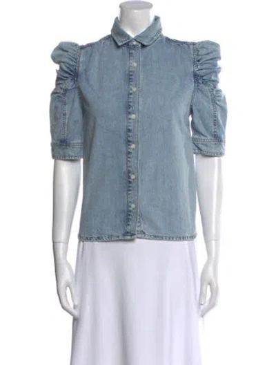 Pre-owned Frame Mock Neck Short Sleeve Button-up Top In Blue