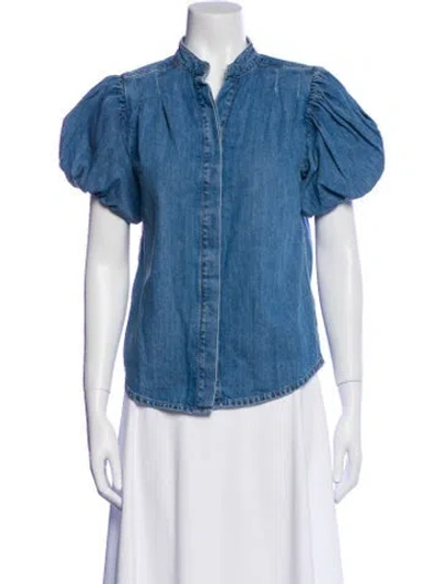 Pre-owned Frame Mock Neck Short Sleeve Button-up Top In Blue