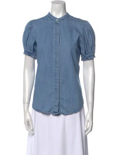 Pre-owned Frame Mock Neck Short Sleeve Button-up Top In Blue