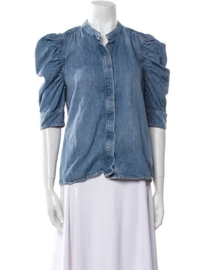 Pre-owned Frame Mock Neck Three-quarter Sleeve Blouse In Blue