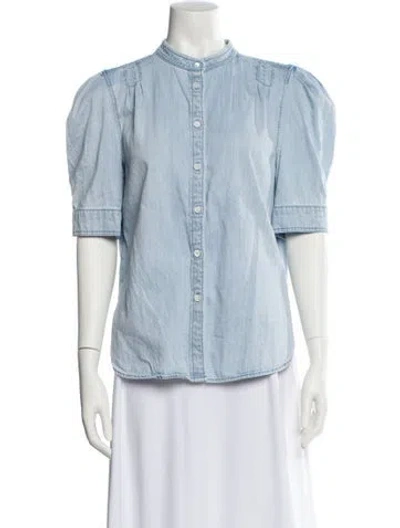 Pre-owned Frame Mock Neck Three-quarter Sleeve Button-up Top In Blue