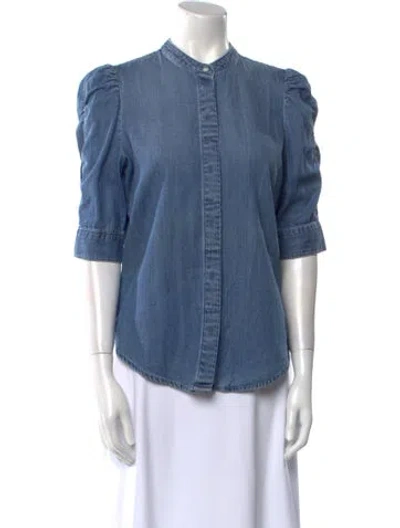 Pre-owned Frame Mock Neck Three-quarter Sleeve Button-up Top In Blue