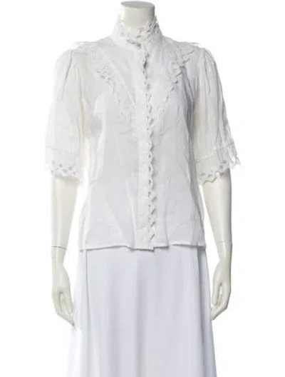 Pre-owned Frame Mock Neck Three-quarter Sleeve Button-up Top In White