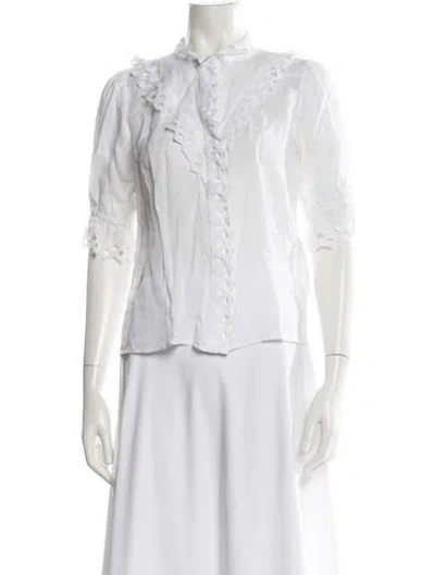 Pre-owned Frame Mock Neck Three-quarter Sleeve Button-up Top In White