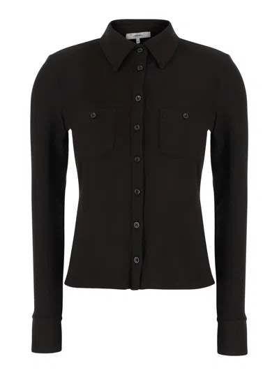 Frame Modal Pointed-collar Ribbed Top With Button Closure And Front Pockets In Brown