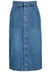 Frame Modern Pocket Button Front Midi Denim Skirt In Blue