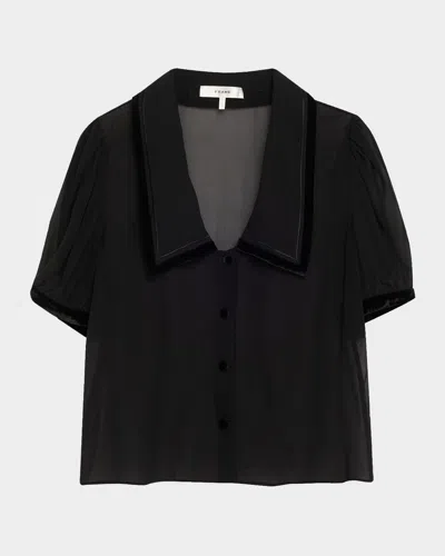 Frame Modern Velvet-trim Silk Blouse In Black