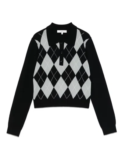 Frame Cropped Diamond Print Wool Blend Polo In Black