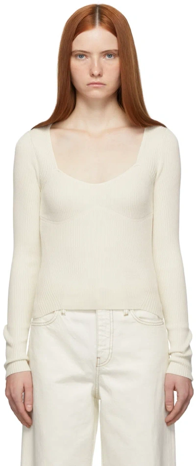Frame Smocked Long Sleeve Knit Top In Bone In White