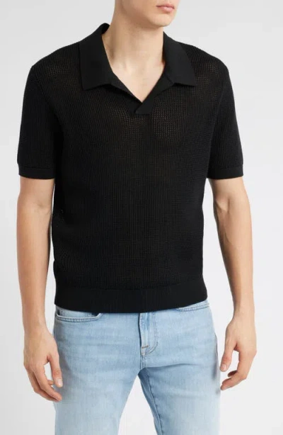 Frame Open Knit Polo Sweater In Black