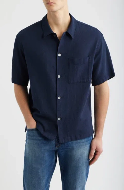 Frame Open Weave Short Sleeve Button-up Shirt In Blue
